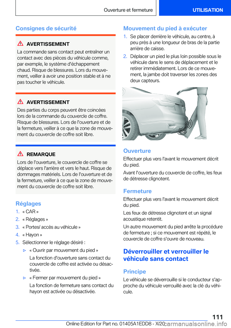 BMW 8 SERIES CONVERTIBLE 2021  Notices Demploi (in French) �C�o�n�s�i�g�n�e�s��d�e��s�é�c�u�r�i�t�é
�A�V�E�R�T�I�S�S�E�M�E�N�T
�L�a��c�o�m�m�a�n�d�e��s�a�n�s��c�o�n�t�a�c�t��p�e�u�t��e�n�t�r�a�