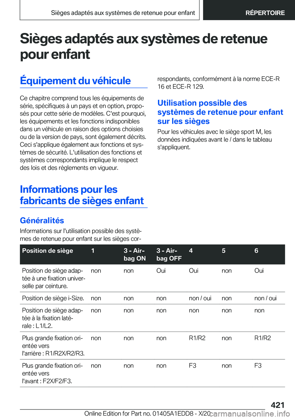 BMW 8 SERIES CONVERTIBLE 2021  Notices Demploi (in French) �S�i�è�g�e�s��a�d�a�p�t�é�s��a�u�x��s�y�s�t�è�m�e�s��d�e��r�e�t�e�n�u�e
�p�o�u�r��e�n�f�a�n�t�