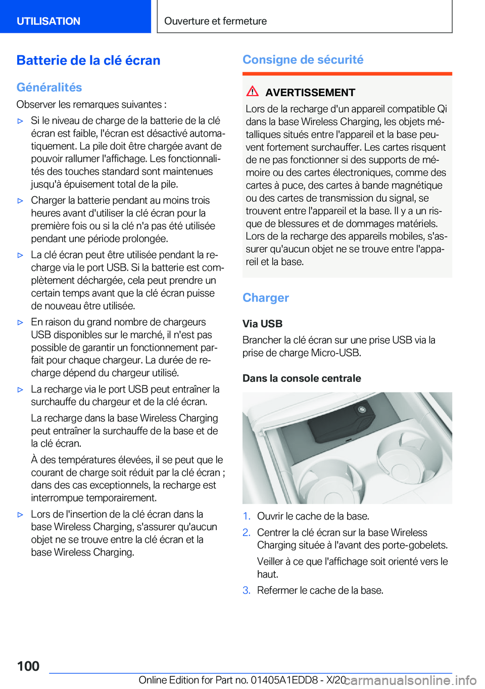 BMW 8 SERIES CONVERTIBLE 2021  Notices Demploi (in French) �B�a�t�t�e�r�i�e��d�e��l�a��c�l�é��é�c�r�a�n
�G�é�n�é�r�a�l�i�t�é�s
�O�b�s�e�r�v�e�r��l�e�s��r�e�m�a�r�q�u�e�s��s�u�i�v�a�n�t�e�s��:'x�S�i��l�e��n�i�v�e�a�u��d�e��c�h�a�r�g�e��d�