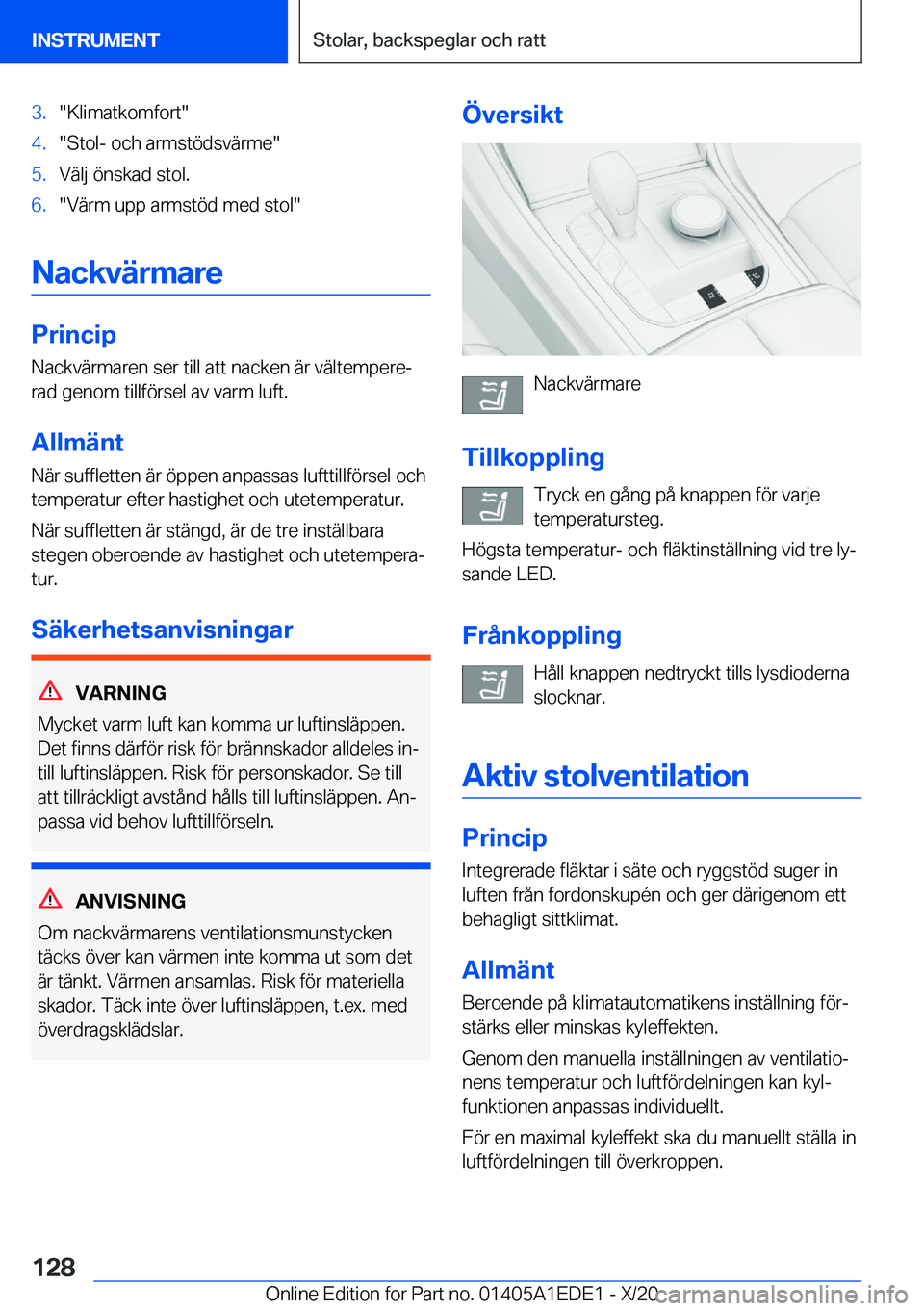 BMW 8 SERIES CONVERTIBLE 2021  InstruktionsbÖcker (in Swedish) �3�.��K�l�i�m�a�t�k�o�m�f�o�r�t��4�.��S�t�o�l�-��o�c�h��a�r�m�s�t�