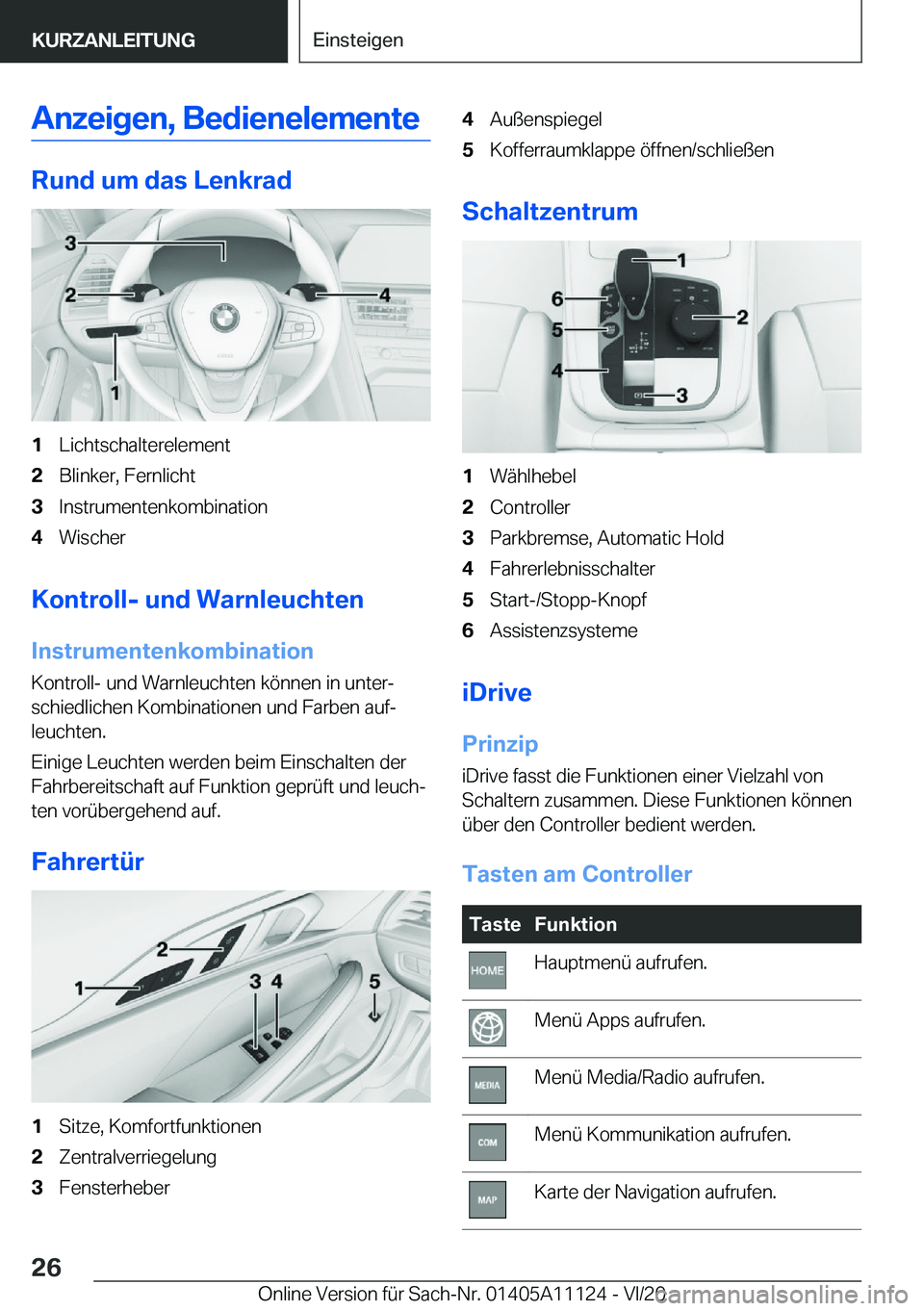 BMW 8 SERIES COUPE 2021  Betriebsanleitungen (in German) �A�n�z�e�i�g�e�n�,��B�e�d�i�e�n�e�l�e�m�e�n�t�e
�R�u�n�d��u�m��d�a�s��L�e�n�k�r�a�d
�1�L�i�c�h�t�s�c�h�a�l�t�e�r�e�l�e�m�e�n�t�2�B�l�i�n�k�e�r�,��F�e�r�n�l�i�c�h�t�3�I�n�s�t�r�u�m�e�n�t�e�n�k�o�m