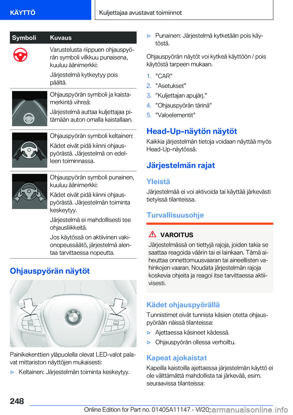 BMW 8 SERIES COUPE 2021  Omistajan Käsikirja (in Finnish) �S�y�m�b�o�l�i�K�u�v�a�u�s�V�a�r�u�s�t�e�l�u�s�t�a��r�i�i�p�p�u�e�n��o�h�j�a�u�s�p�y�