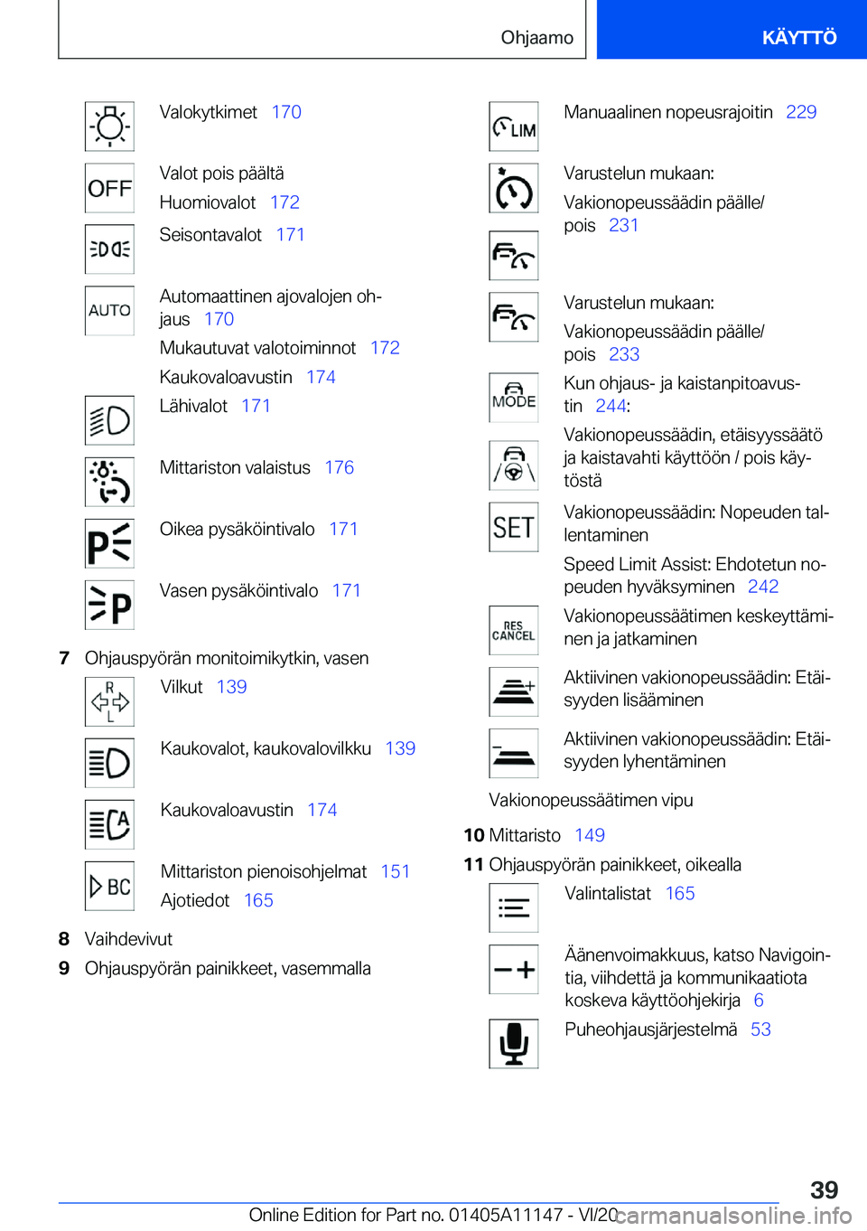 BMW 8 SERIES COUPE 2021  Omistajan Käsikirja (in Finnish) �V�a�l�o�k�y�t�k�i�m�e�t\_�1�7�0�V�a�l�o�t��p�o�i�s��p�