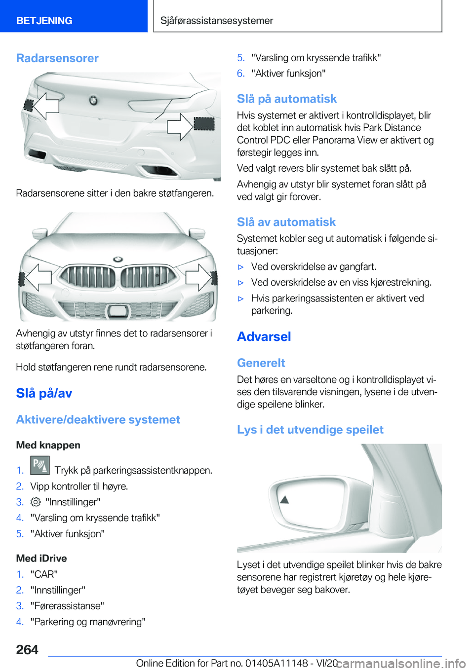 BMW 8 SERIES COUPE 2021  InstruksjonsbØker (in Norwegian) �R�a�d�a�r�s�e�n�s�o�r�e�r
�R�a�d�a�r�s�e�n�s�o�r�e�n�e��s�i�t�t�e�r��i��d�e�n��b�a�k�r�e��s�t�