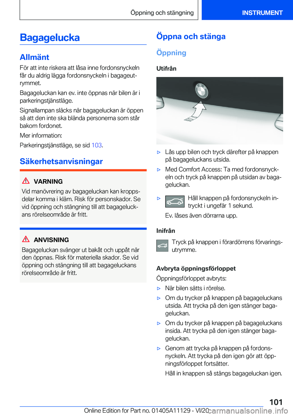 BMW 8 SERIES COUPE 2021  InstruktionsbÖcker (in Swedish) �B�a�g�a�g�e�l�u�c�k�a
�A�l�l�m�ä�n�t
�F�