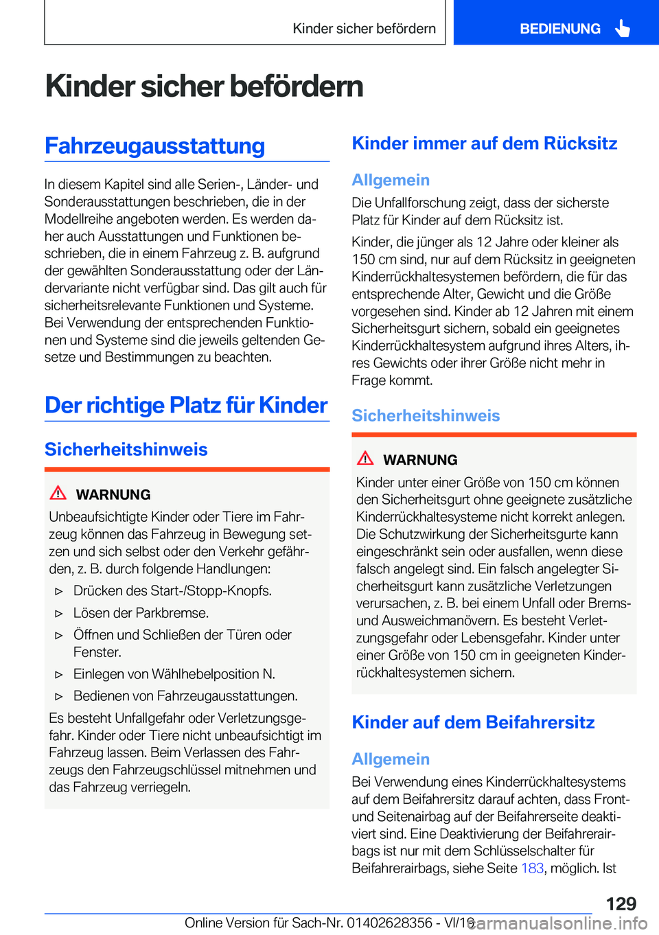 BMW 8 SERIES COUPE 2020  Betriebsanleitungen (in German) �K�i�n�d�e�r��s�i�c�h�e�r��b�e�f�