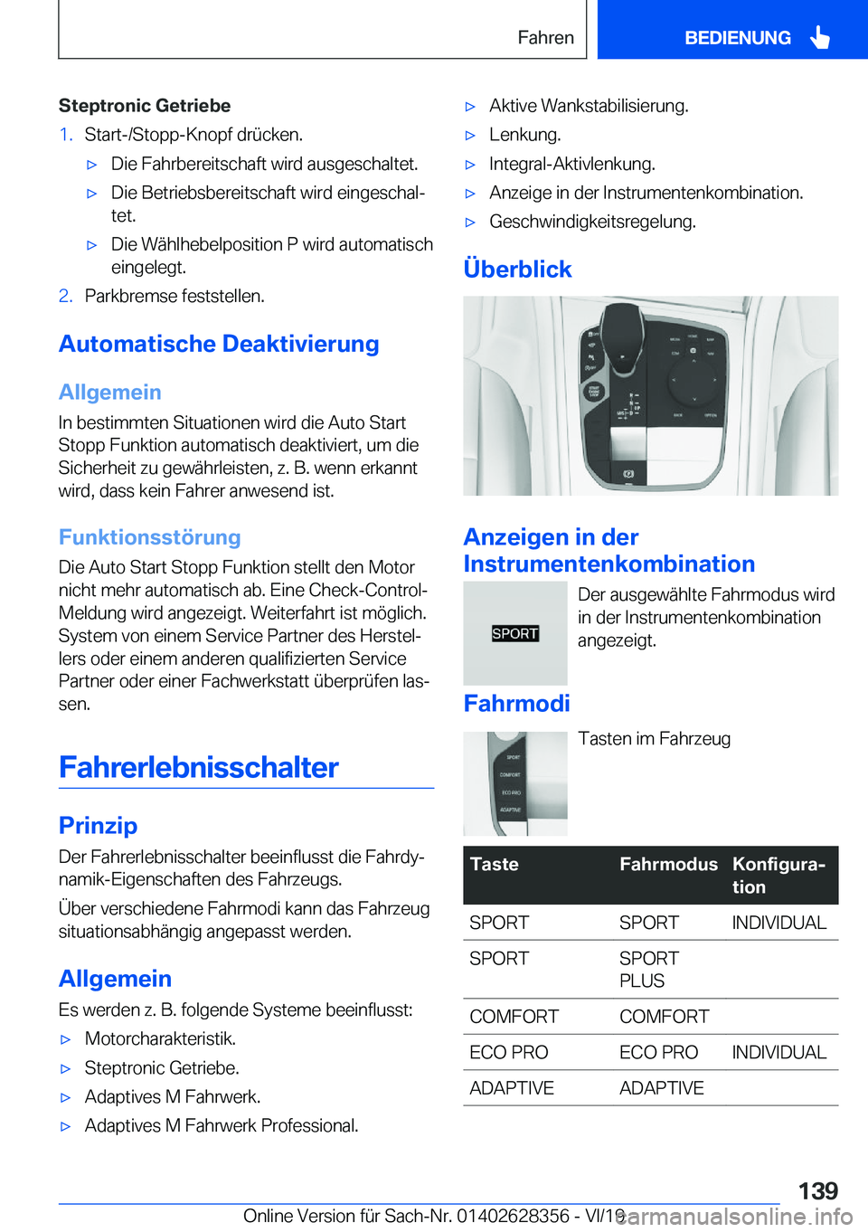 BMW 8 SERIES COUPE 2020  Betriebsanleitungen (in German) �S�t�e�p�t�r�o�n�i�c��G�e�t�r�i�e�b�e�1�.�S�t�a�r�t�-�/�S�t�o�p�p�-�K�n�o�p�f��d�r�