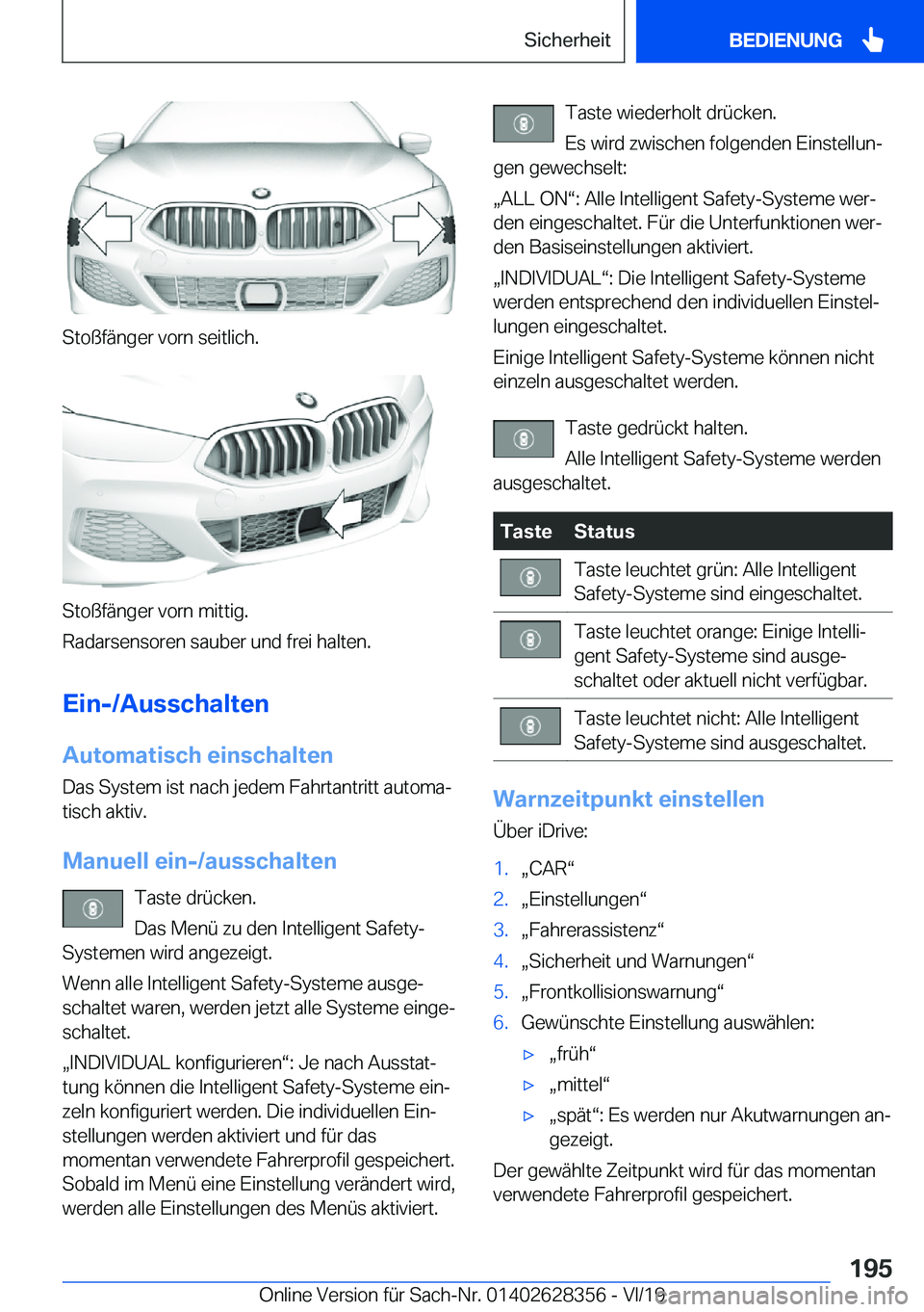 BMW 8 SERIES COUPE 2020  Betriebsanleitungen (in German) �S�t�o�