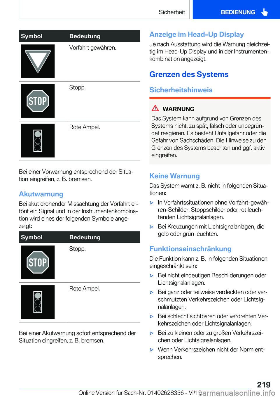 BMW 8 SERIES COUPE 2020  Betriebsanleitungen (in German) �S�y�m�b�o�l�B�e�d�e�u�t�u�n�g�V�o�r�f�a�h�r�t��g�e�w�