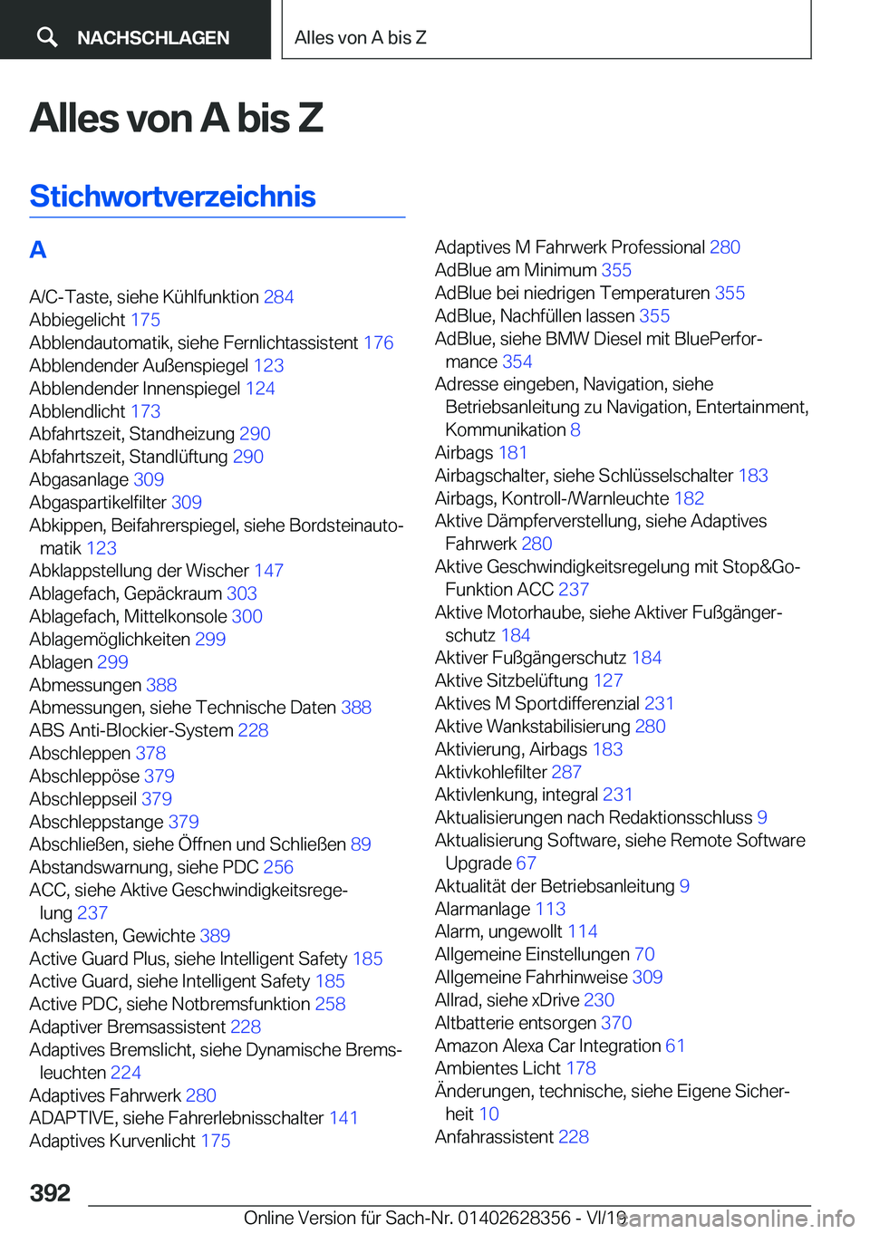 BMW 8 SERIES COUPE 2020  Betriebsanleitungen (in German) �A�l�l�e�s��v�o�n��A��b�i�s��Z
�S�t�i�c�h�w�o�r�t�v�e�r�z�e�i�c�h�n�i�s�A �A�/�C�-�T�a�s�t�e�,��s�i�e�h�e��K�