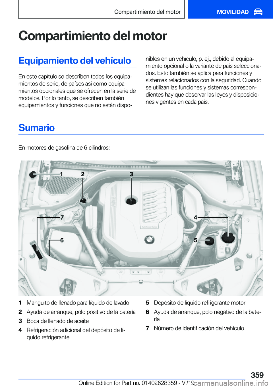 BMW 8 SERIES COUPE 2020  Manuales de Empleo (in Spanish) �C�o�m�p�a�r�t�i�m�i�e�n�t�o��d�e�l��m�o�t�o�r�E�q�u�i�p�a�m�i�e�n�t�o��d�e�l��v�e�h�
