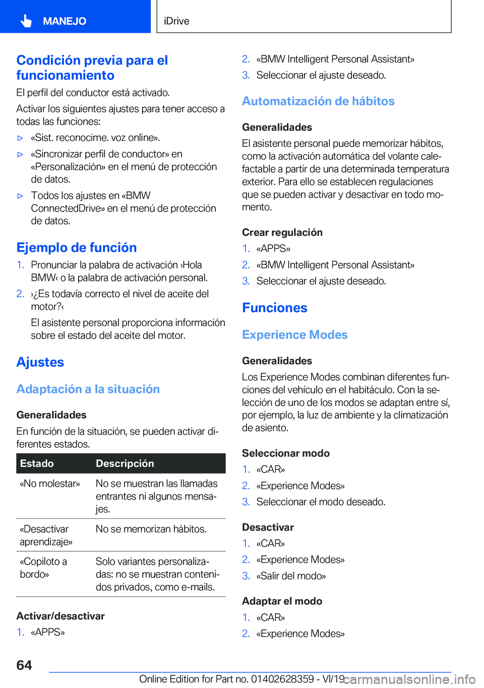 BMW 8 SERIES COUPE 2020  Manuales de Empleo (in Spanish) �C�o�n�d�i�c�i�