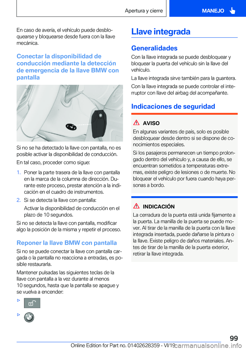 BMW 8 SERIES COUPE 2020  Manuales de Empleo (in Spanish) �E�n��c�a�s�o��d�e��a�v�e�r�
