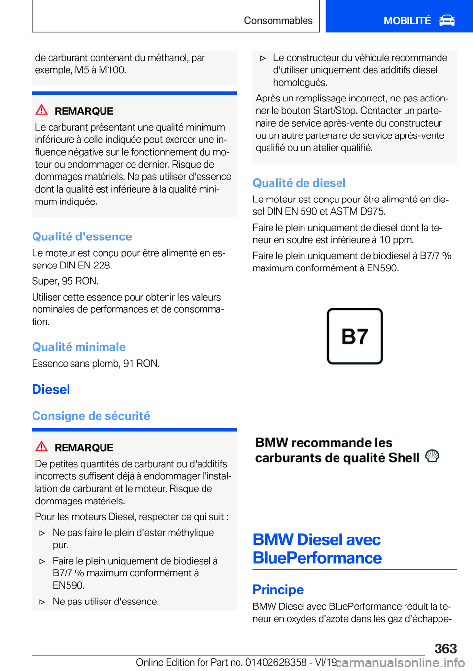 BMW 8 SERIES COUPE 2020  Notices Demploi (in French) �d�e��c�a�r�b�u�r�a�n�t��c�o�n�t�e�n�a�n�t��d�u��m�é�t�h�a�n�o�l�,��p�a�r�e�x�e�m�p�l�e�,��M�5��