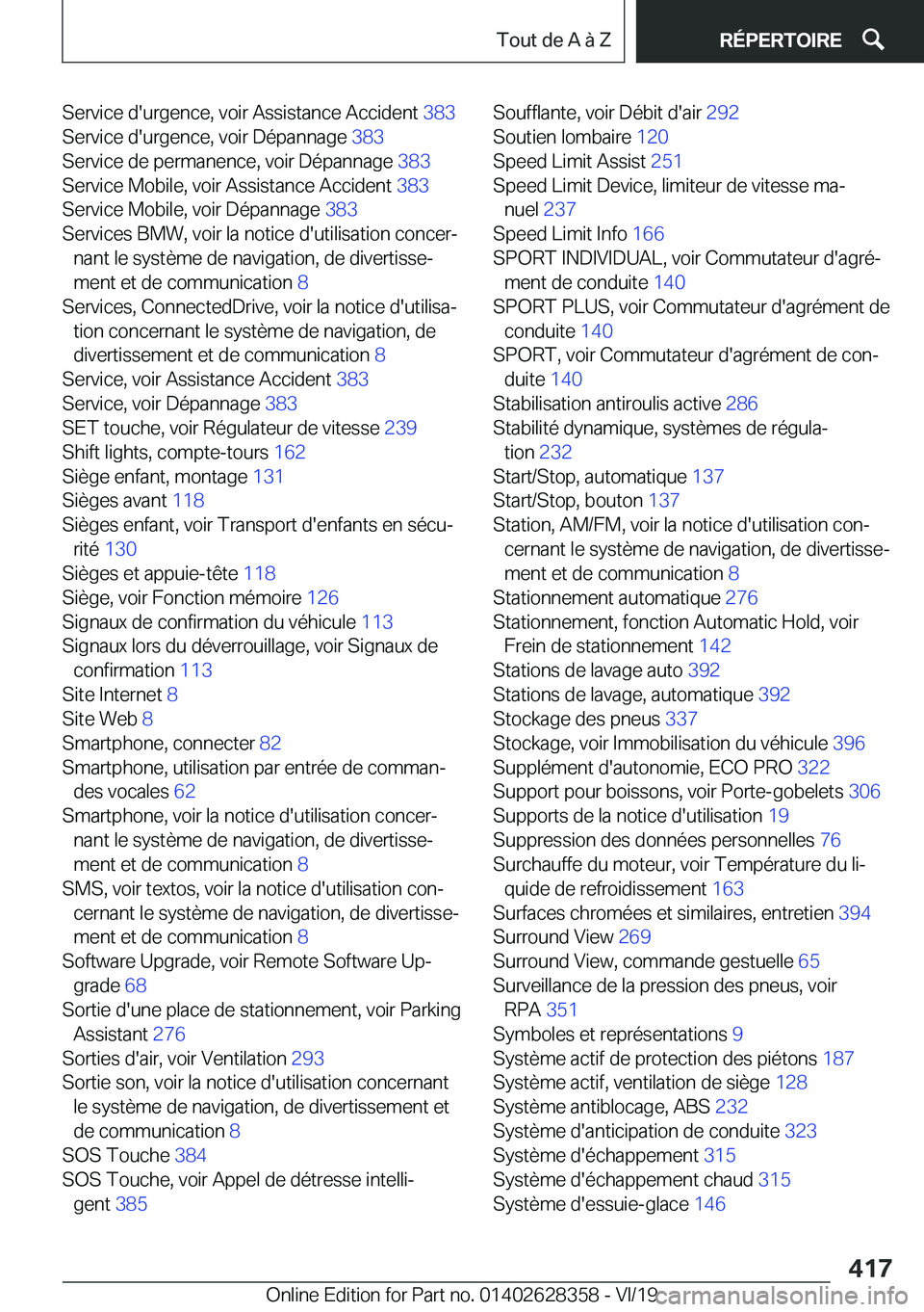 BMW 8 SERIES COUPE 2020  Notices Demploi (in French) �S�e�r�v�i�c�e��d�'�u�r�g�e�n�c�e�,��v�o�i�r��A�s�s�i�s�t�a�n�c�e��A�c�c�i�d�e�n�t��3�8�3�
�S�e�r�v�i�c�e��d�'�u�r�g�e�n�c�e�,��v�o�i�r��D�é�p�a�n�n�a�g�e� �3�8�3�
�S�e�r�v�i�c�e�