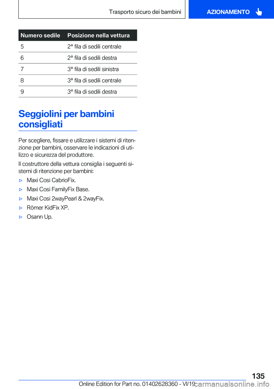 BMW 8 SERIES COUPE 2020  Libretti Di Uso E manutenzione (in Italian) �N�u�m�e�r�o��s�e�d�i�l�e�P�o�s�i�z�i�o�n�e��n�e�l�l�a��v�e�t�t�u�r�a�5�2�ª��f�i�l�a��d�i��s�e�d�i�l�i��c�e�n�t�r�a�l�e�6�2�ª��f�i�l�a��d�i��s�e�d�i�l�i��d�e�s�t�r�a�7�3�ª��f�i�l�a��d�