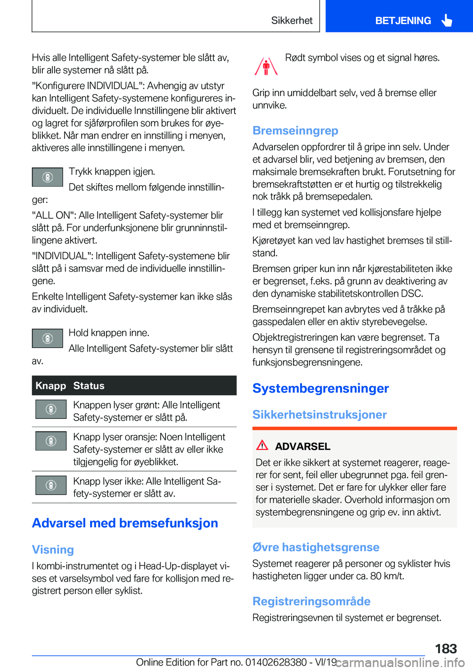 BMW 8 SERIES COUPE 2020  InstruksjonsbØker (in Norwegian) �H�v�i�s��a�l�l�e��I�n�t�e�l�l�i�g�e�n�t��S�a�f�e�t�y�-�s�y�s�t�e�m�e�r��b�l�e��s�l�å�t�t��a�v�,�b�l�i�r��a�l�l�e��s�y�s�t�e�m�e�r��n�å��s�l�å�t�t��p�å�.
��K�o�n�f�i�g�u�r�e�r�e��I�N�