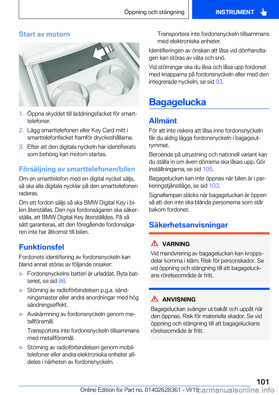 BMW 8 SERIES COUPE 2020  InstruktionsbÖcker (in Swedish) �S�t�a�r�t��a�v��m�o�t�o�r�n�1�.�