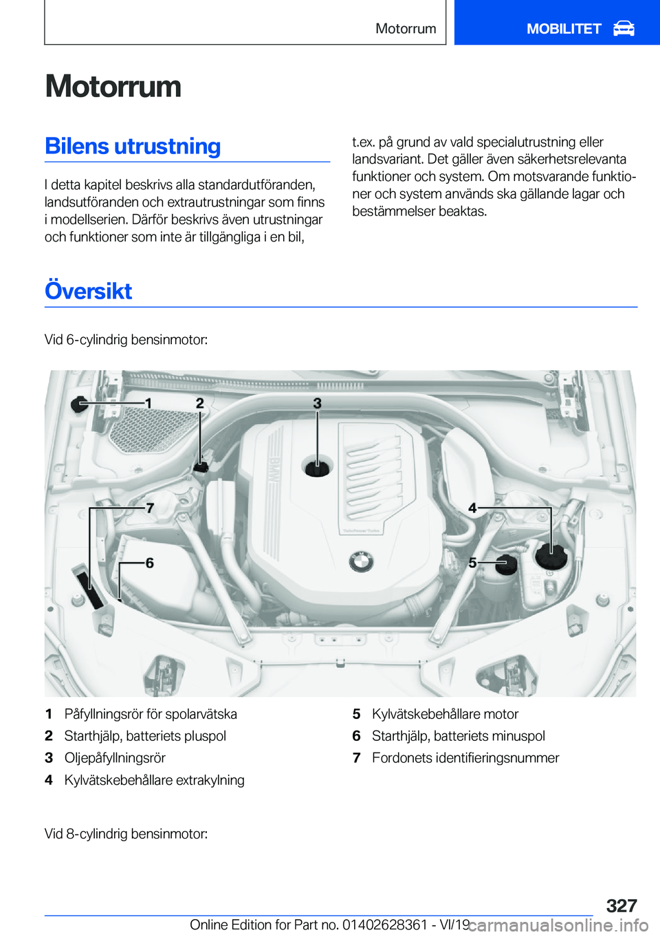 BMW 8 SERIES COUPE 2020  InstruktionsbÖcker (in Swedish) �M�o�t�o�r�r�u�m�B�i�l�e�n�s��u�t�r�u�s�t�n�i�n�g
�I��d�e�t�t�a��k�a�p�i�t�e�l��b�e�s�k�r�i�v�s��a�l�l�a��s�t�a�n�d�a�r�d�u�t�f�