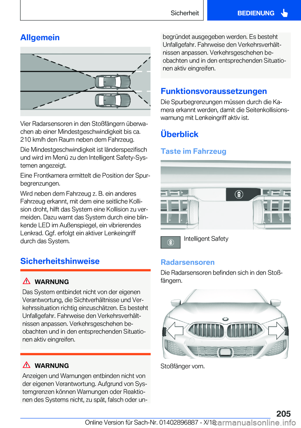 BMW 8 SERIES COUPE 2019  Betriebsanleitungen (in German) �A�l�l�g�e�m�e�i�n
�V�i�e�r��R�a�d�a�r�s�e�n�s�o�r�e�n��i�n��d�e�n��S�t�o�