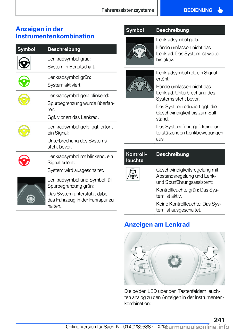 BMW 8 SERIES COUPE 2019  Betriebsanleitungen (in German) �A�n�z�e�i�g�e�n��i�n��d�e�r
�I�n�s�t�r�u�m�e�n�t�e�n�k�o�m�b�i�n�a�t�i�o�n�S�y�m�b�o�l�B�e�s�c�h�r�e�i�b�u�n�g�L�e�n�k�r�a�d�s�y�m�b�o�l��g�r�a�u�:
�S�y�s�t�e�m��i�n��B�e�r�e�i�t�s�c�h�a�f�t�.�L