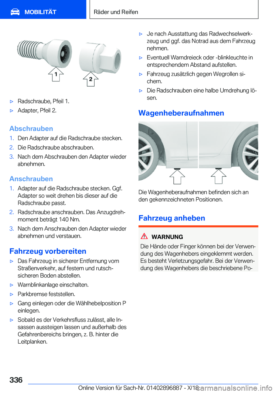 BMW 8 SERIES COUPE 2019  Betriebsanleitungen (in German) x�R�a�d�s�c�h�r�a�u�b�e�,��P�f�e�i�l��1�.x�A�d�a�p�t�e�r�,��P�f�e�i�l��2�.
�A�b�s�c�h�r�a�u�b�e�n
�1�.�D�e�n��A�d�a�p�t�e�r��a�u�f��d�i�e��R�a�d�s�c�h�r�a�u�b�e��s�t�e�c�k�e�n�.�2�.�D�i�e�