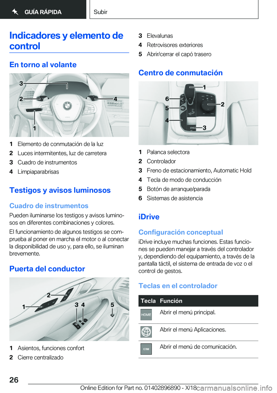 BMW 8 SERIES COUPE 2019  Manuales de Empleo (in Spanish) �I�n�d�i�c�a�d�o�r�e�s��y��e�l�e�m�e�n�t�o��d�e
�c�o�n�t�r�o�l
�E�n��t�o�r�n�o��a�l��v�o�l�a�n�t�e
�1�E�l�e�m�e�n�t�o��d�e��c�o�n�m�u�t�a�c�i�