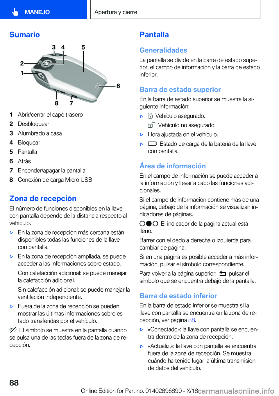 BMW 8 SERIES COUPE 2019  Manuales de Empleo (in Spanish) �S�u�m�a�r�i�o�1�A�b�r�i�r�/�c�e�r�r�a�r��e�l��c�a�p�