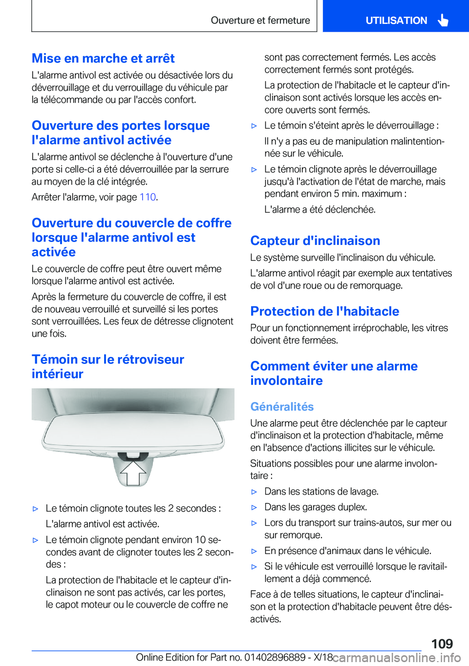 BMW 8 SERIES COUPE 2019  Notices Demploi (in French) �M�i�s�e��e�n��m�a�r�c�h�e��e�t��a�r�r�ê�t
�L�'�a�l�a�r�m�e��a�n�t�i�v�o�l��e�s�t��a�c�t�i�v�é�e��o�u��d�é�s�a�c�t�i�v�é�e��l�o�r�s��d�u �d�é�v�e�r�r�o�u�i�l�l�a�g�e��e�t��d�u��