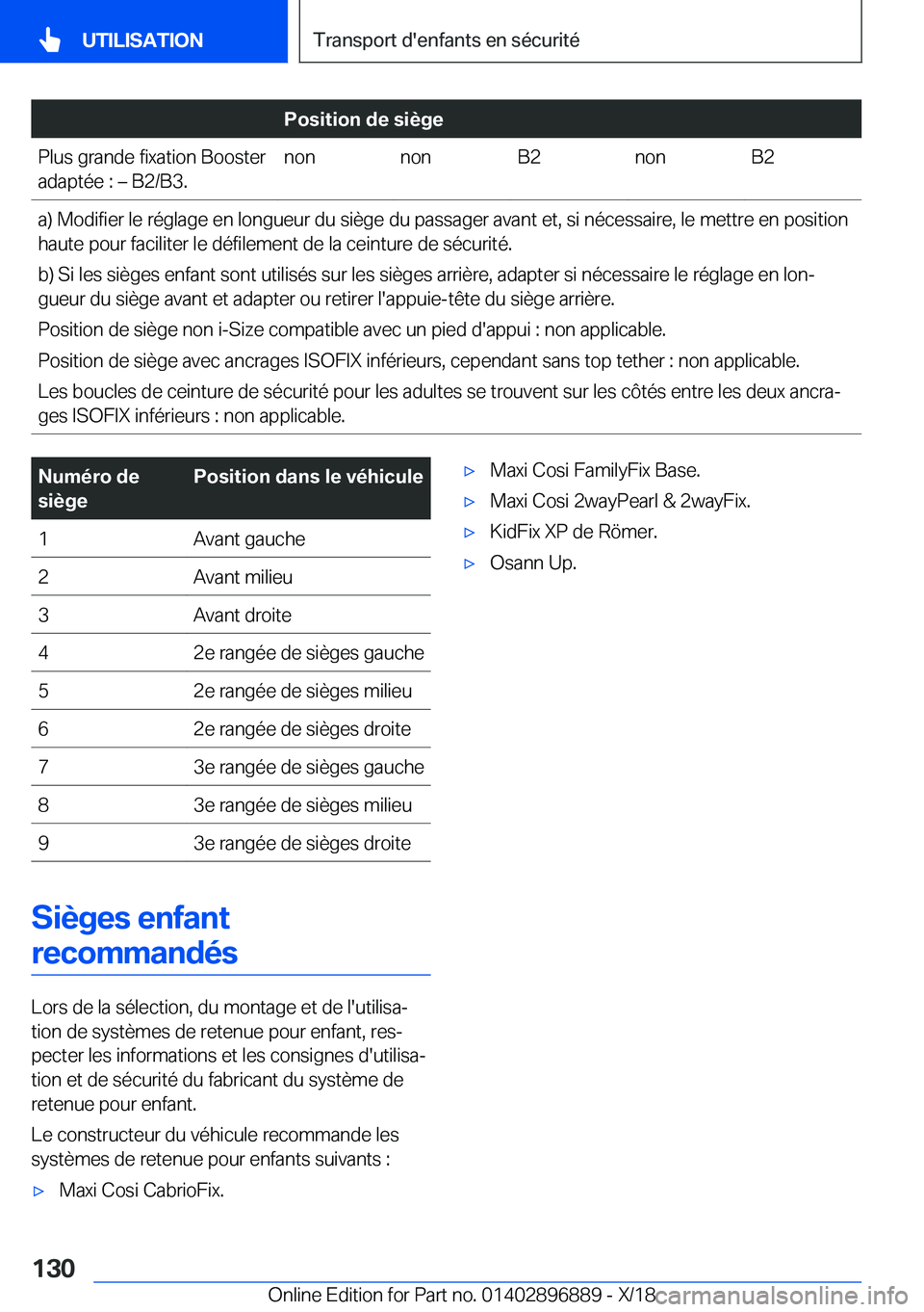 BMW 8 SERIES COUPE 2019  Notices Demploi (in French) �P�o�s�i�t�i�o�n��d�e��s�i�è�g�e�P�l�u�s��g�r�a�n�d�e��f�i�x�a�t�i�o�n��B�o�o�s�t�e�r
�a�d�a�p�t�é�e��:�m��B�2�/�B�3�.�n�o�n�n�o�n�B�2�n�o�n�B�2�a�)��M�o�d�i�f�i�e�r��l�e��r�é�g�l�a�g�e