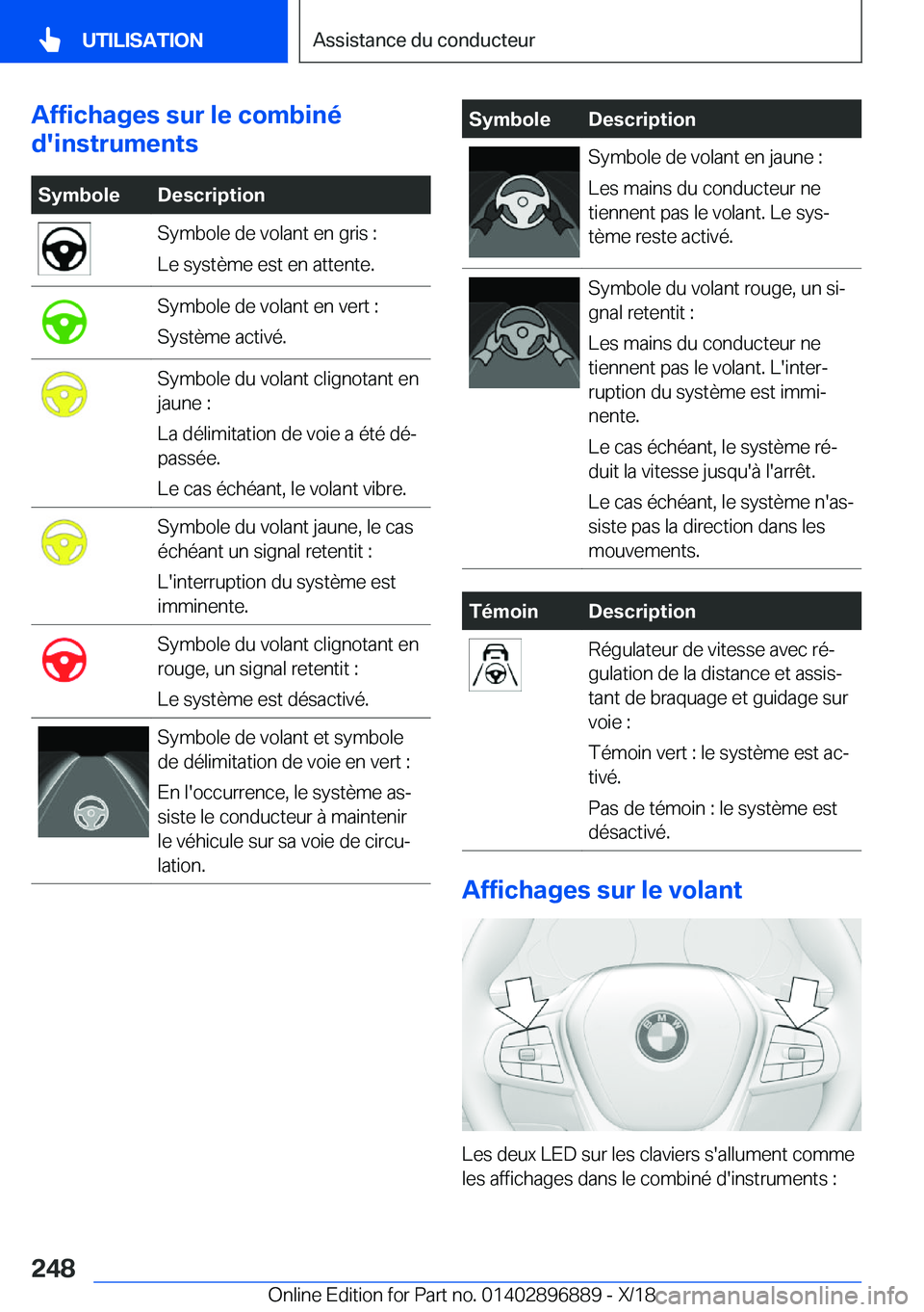 BMW 8 SERIES COUPE 2019  Notices Demploi (in French) �A�f�f�i�c�h�a�g�e�s��s�u�r��l�e��c�o�m�b�i�n�é
�d�'�i�n�s�t�r�u�m�e�n�t�s�S�y�m�b�o�l�e�D�e�s�c�r�i�p�t�i�o�n�S�y�m�b�o�l�e��d�e��v�o�l�a�n�t��e�n��g�r�i�s��:
�L�e��s�y�s�t�è�m�e��e�s