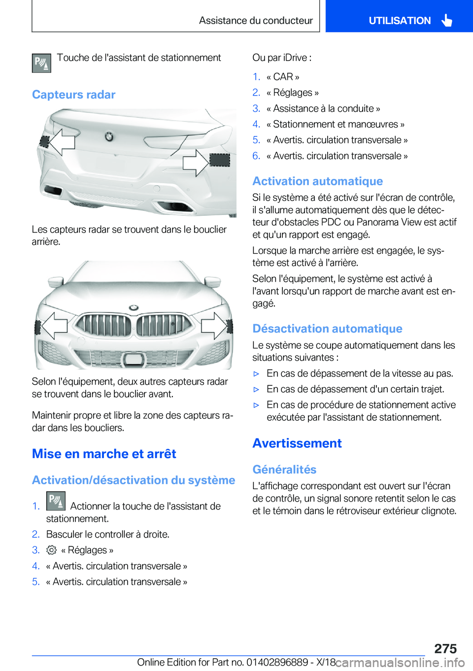 BMW 8 SERIES COUPE 2019  Notices Demploi (in French) �T�o�u�c�h�e��d�e��l�'�a�s�s�i�s�t�a�n�t��d�e��s�t�a�t�i�o�n�n�e�m�e�n�t
�C�a�p�t�e�u�r�s��r�a�d�a�r
�L�e�s��c�a�p�t�e�u�r�s��r�a�d�a�r��s�e��t�r�o�u�v�e�n�t��d�a�n�s��l�e��b�o�u�c�l�i