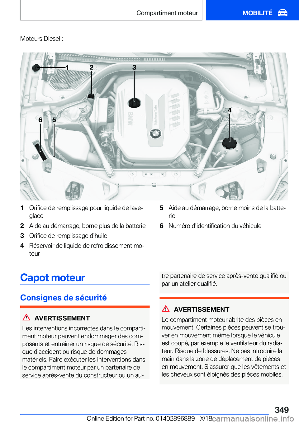 BMW 8 SERIES COUPE 2019  Notices Demploi (in French) �M�o�t�e�u�r�s��D�i�e�s�e�l��:�1�O�r�i�f�i�c�e��d�e��r�e�m�p�l�i�s�s�a�g�e��p�o�u�r��l�i�q�u�i�d�e��d�e��l�a�v�e�-
�g�l�a�c�e�2�A�i�d�e��a�u��d�é�m�a�r�r�a�g�e�,��b�o�r�n�e��p�l�u�s��d�e