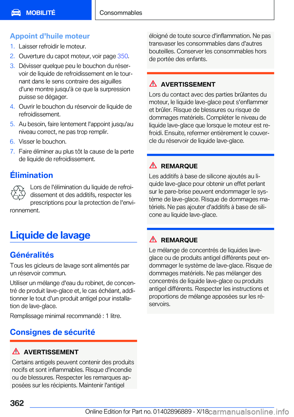 BMW 8 SERIES COUPE 2019  Notices Demploi (in French) �A�p�p�o�i�n�t��d�'�h�u�i�l�e��m�o�t�e�u�r�1�.�L�a�i�s�s�e�r��r�e�f�r�o�i�d�i�r��l�e��m�o�t�e�u�r�.�2�.�O�u�v�e�r�t�u�r�e��d�u��c�a�p�o�t��m�o�t�e�u�r�,��v�o�i�r��p�a�g�e��3�5�0�.�3�.�D