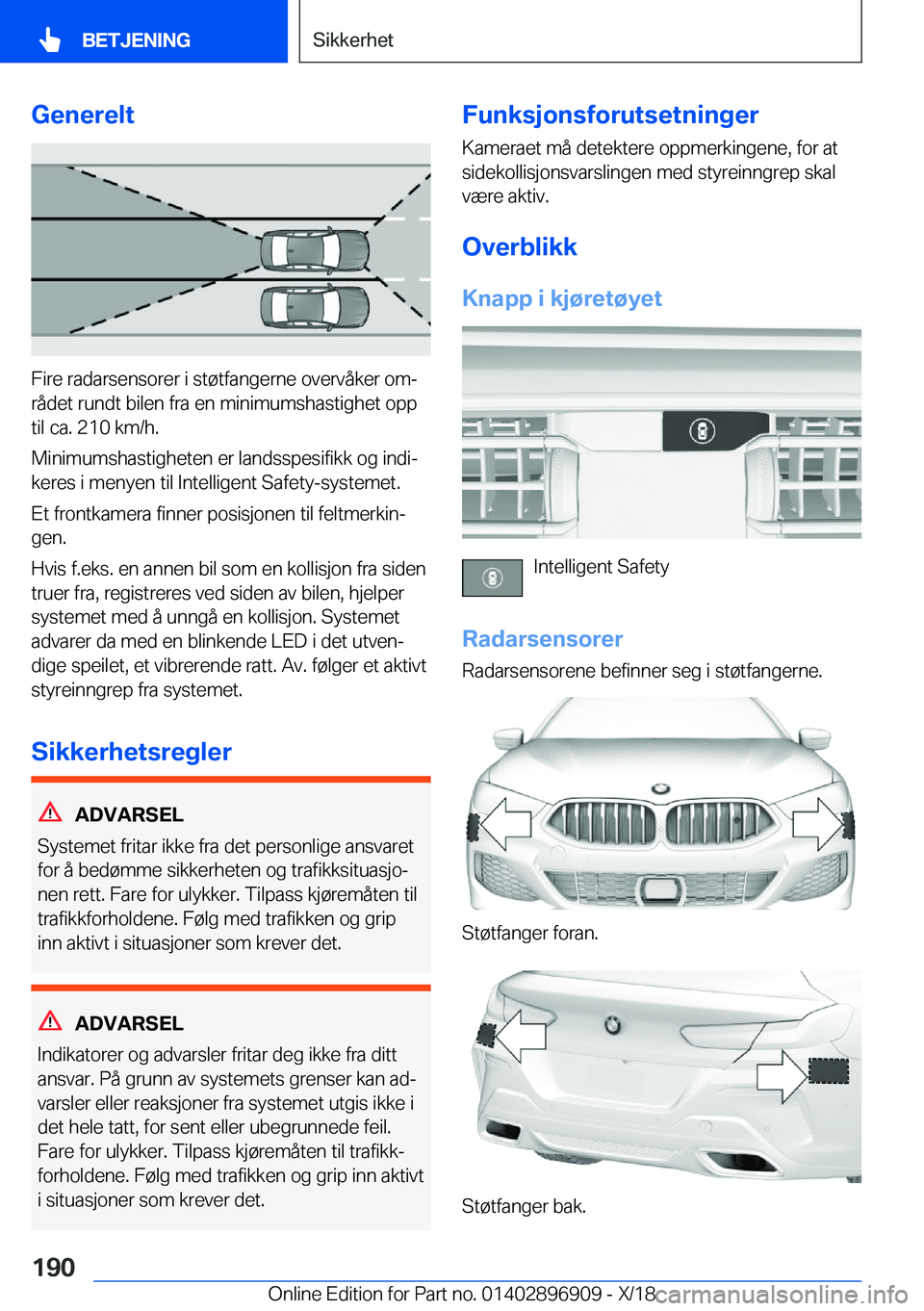 BMW 8 SERIES COUPE 2019  InstruksjonsbØker (in Norwegian) �G�e�n�e�r�e�l�t
�F�i�r�e��r�a�d�a�r�s�e�n�s�o�r�e�r��i��s�t�
