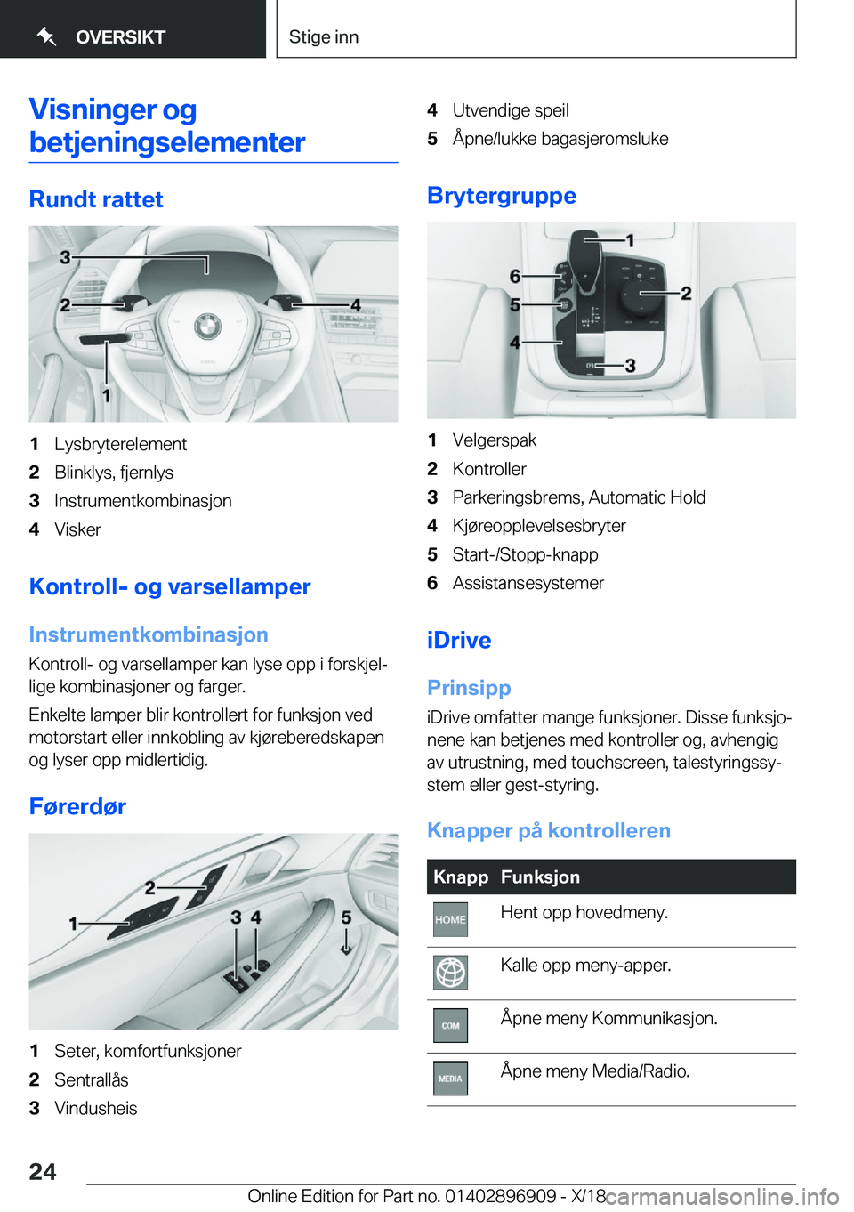 BMW 8 SERIES COUPE 2019  InstruksjonsbØker (in Norwegian) �V�i�s�n�i�n�g�e�r��o�g
�b�e�t�j�e�n�i�n�g�s�e�l�e�m�e�n�t�e�r
�R�u�n�d�t��r�a�t�t�e�t
�1�L�y�s�b�r�y�t�e�r�e�l�e�m�e�n�t�2�B�l�i�n�k�l�y�s�,��f�j�e�r�n�l�y�s�3�I�n�s�t�r�u�m�e�n�t�k�o�m�b�i�n�a�s�