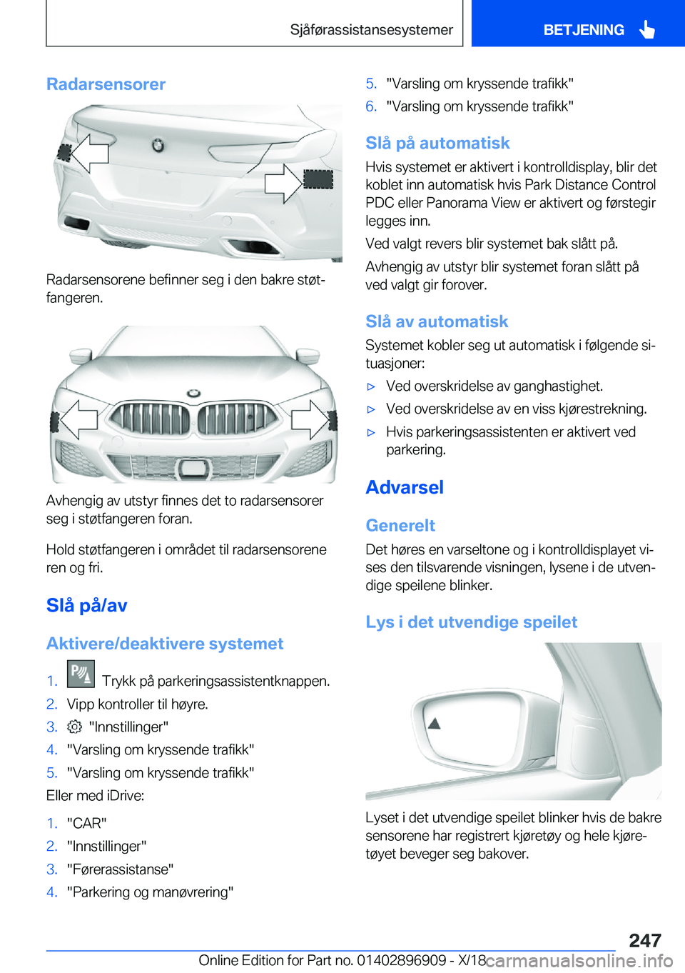 BMW 8 SERIES COUPE 2019  InstruksjonsbØker (in Norwegian) �R�a�d�a�r�s�e�n�s�o�r�e�r
�R�a�d�a�r�s�e�n�s�o�r�e�n�e��b�e�f�i�n�n�e�r��s�e�g��i��d�e�n��b�a�k�r�e��s�t�