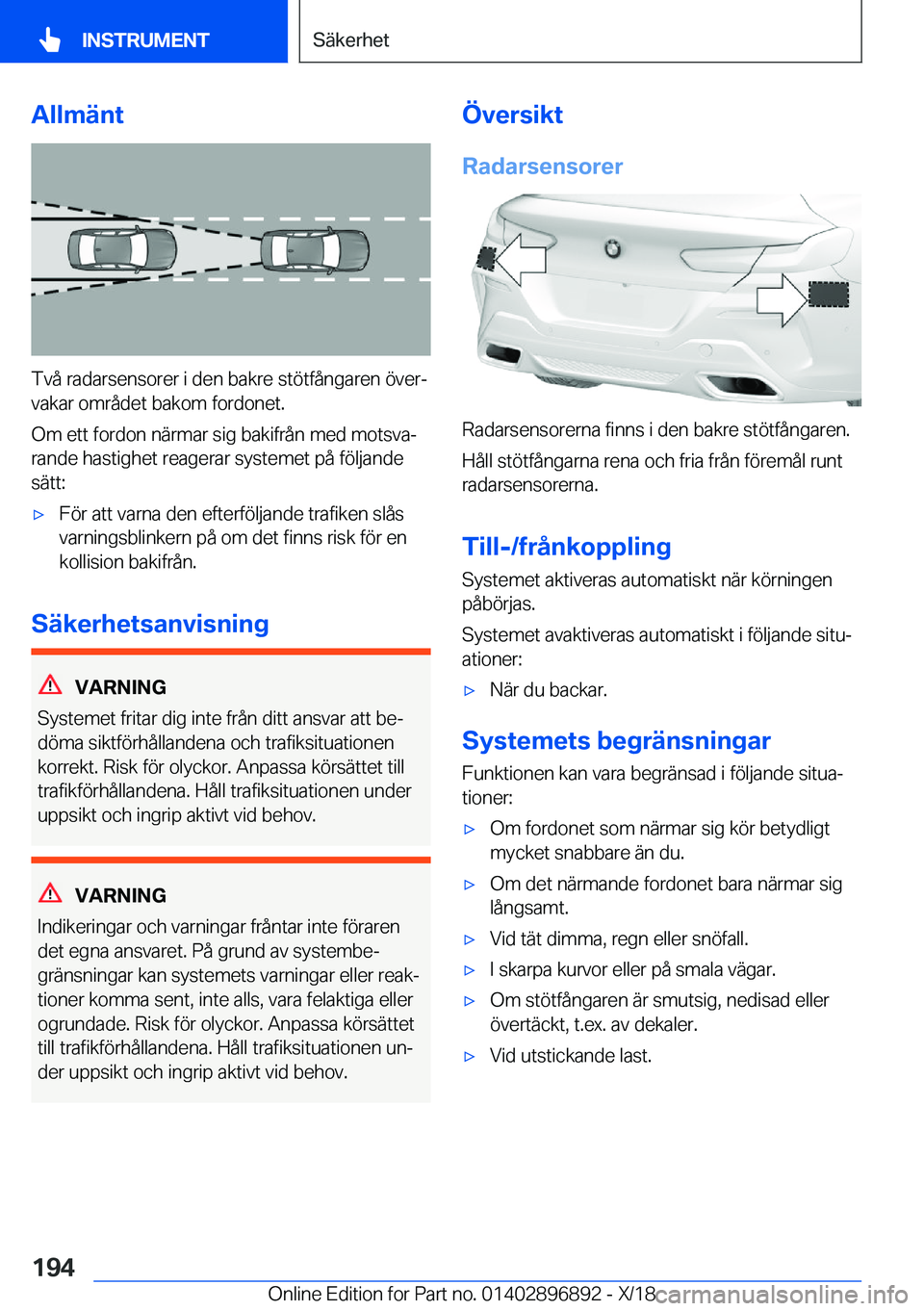 BMW 8 SERIES COUPE 2019  InstruktionsbÖcker (in Swedish) �A�l�l�m�ä�n�t
�T�v�å��r�a�d�a�r�s�e�n�s�o�r�e�r��i��d�e�n��b�a�k�r�e��s�t�