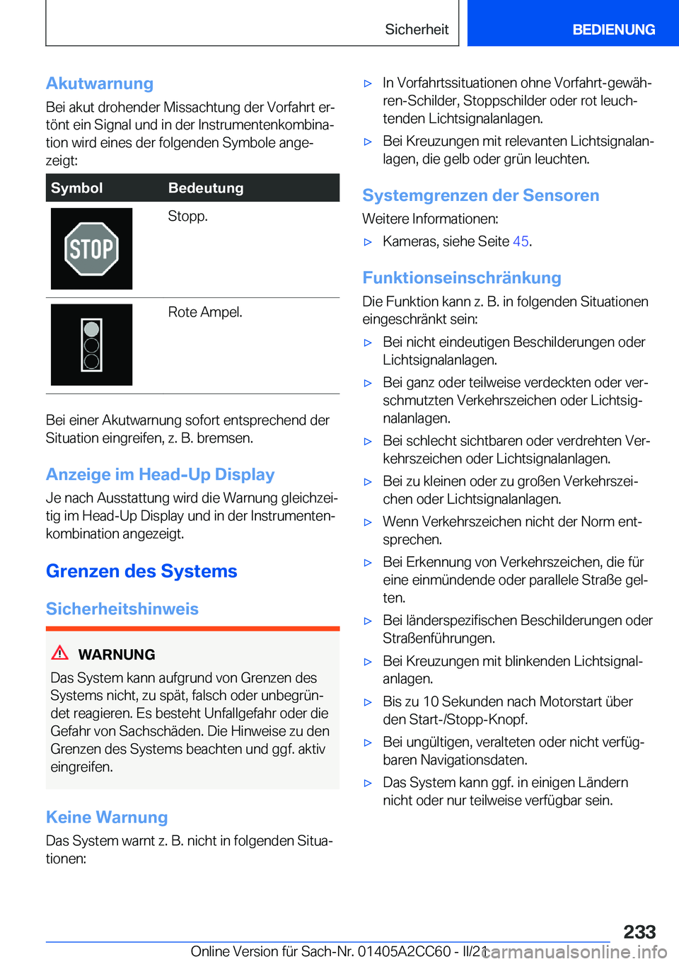BMW 8 SERIES GRAN COUPE 2022  Betriebsanleitungen (in German) �A�k�u�t�w�a�r�n�u�n�g�B�e�i��a�k�u�t��d�r�o�h�e�n�d�e�r��M�i�s�s�a�c�h�t�u�n�g��d�e�r��V�o�r�f�a�h�r�t��e�rj�t�