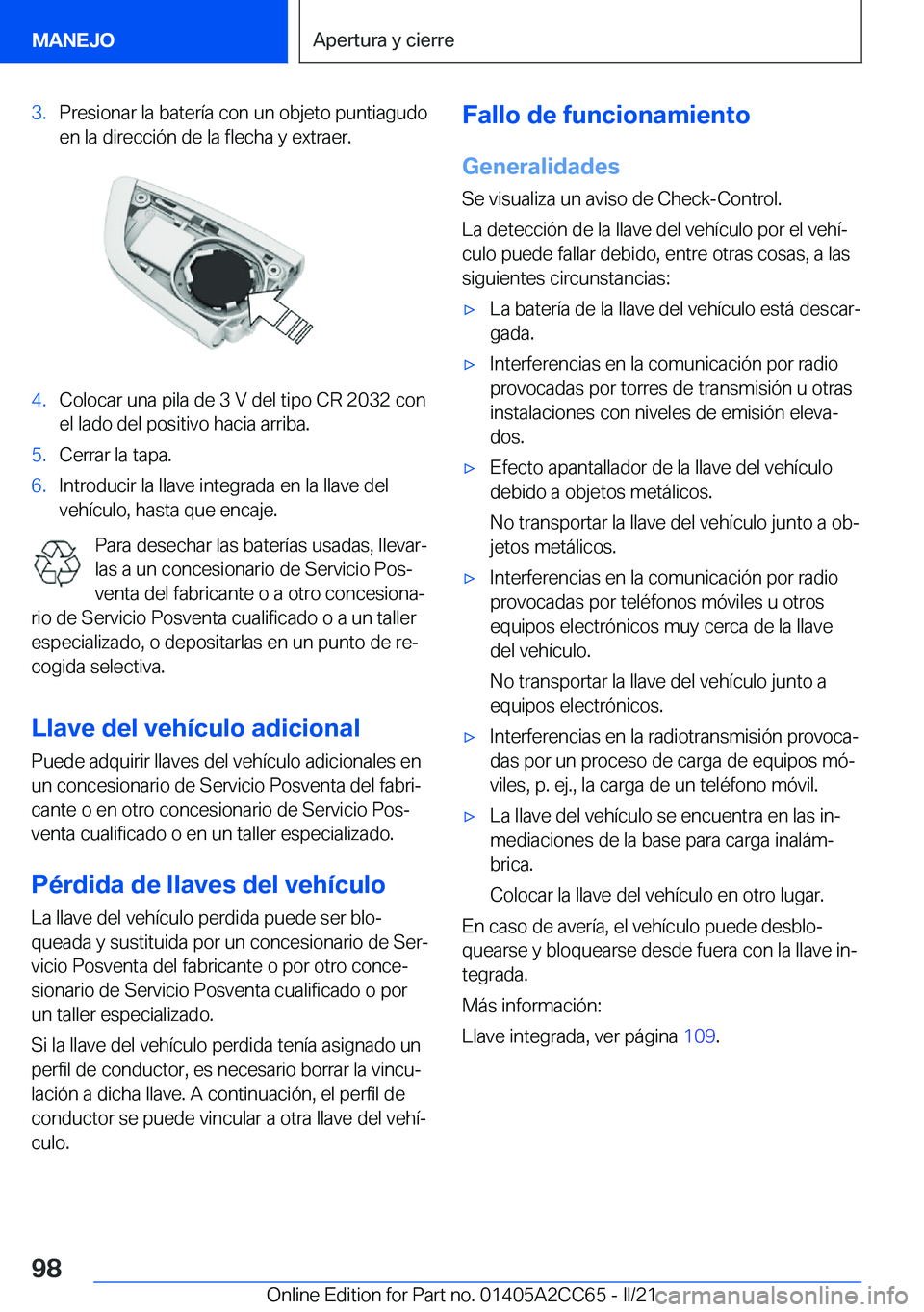 BMW 8 SERIES GRAN COUPE 2022  Manuales de Empleo (in Spanish) �3�.�P�r�e�s�i�o�n�a�r��l�a��b�a�t�e�r�