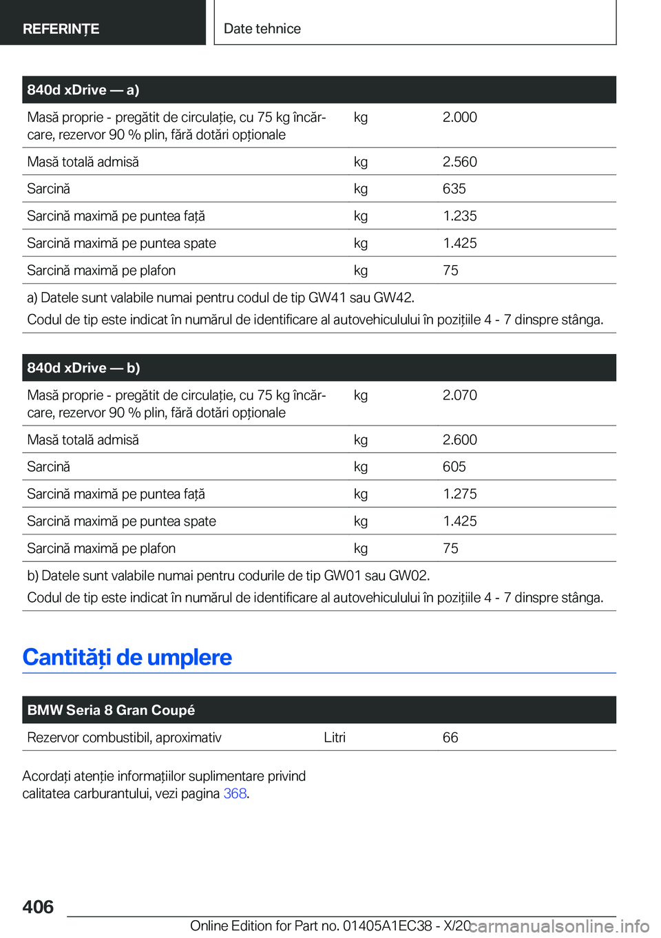 BMW 8 SERIES GRAN COUPE 2021  Ghiduri De Utilizare (in Romanian) �8�4�0�d��x�D�r�i�v�e�n��a�)�M�a�s�ă��p�r�o�p�r�i�e��-��p�r�e�g�ă�t�i�t��d�e��c�i�r�c�u�l�a*�i�e�,��c�u��7�5��k�g��