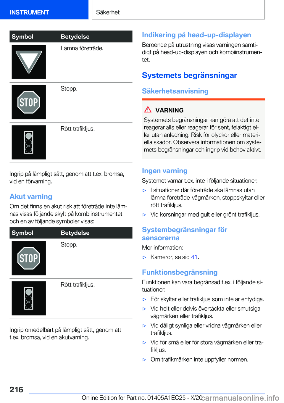 BMW 8 SERIES GRAN COUPE 2021  InstruktionsbÖcker (in Swedish) �S�y�m�b�o�l�B�e�t�y�d�e�l�s�e�L�ä�m�n�a��f�