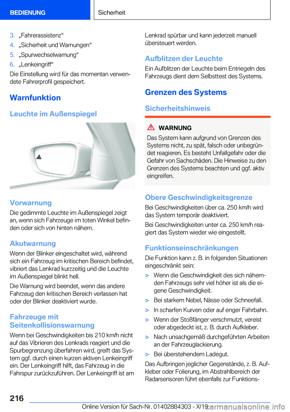 BMW 8 SERIES GRAN COUPE 2020  Betriebsanleitungen (in German) �3�.x�F�a�h�r�e�r�a�s�s�i�s�t�e�n�zv�4�.x�S�i�c�h�e�r�h�e�i�t��u�n�d��W�a�r�n�u�n�g�e�nv�5�.x�S�p�u�r�w�e�c�h�s�e�l�w�a�r�n�u�n�gv�6�.x�L�e�n�k�e�i�n�g�r�i�f�fv
�D�i�e��E�i�n�s�t�e�l�l�u�n�
