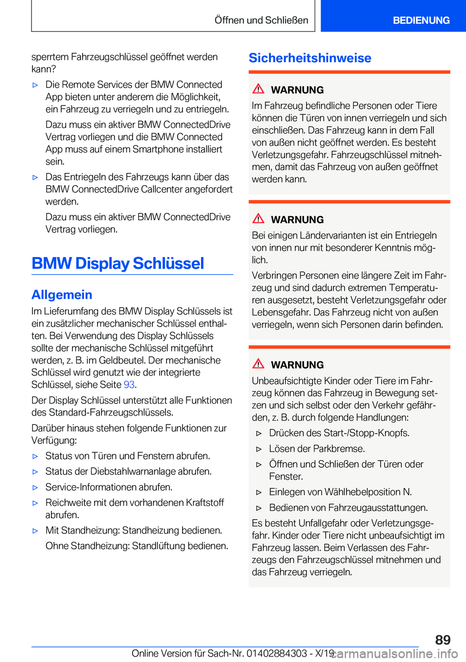 BMW 8 SERIES GRAN COUPE 2020  Betriebsanleitungen (in German) �s�p�e�r�r�t�e�m��F�a�h�r�z�e�u�g�s�c�h�l�