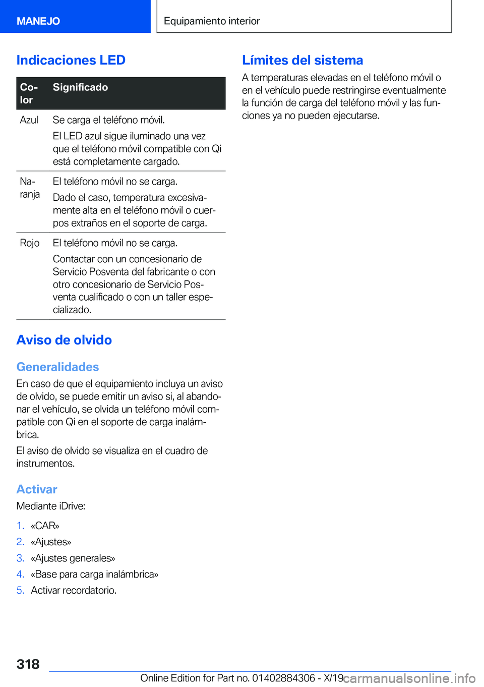 BMW 8 SERIES GRAN COUPE 2020  Manuales de Empleo (in Spanish) �I�n�d�i�c�a�c�i�o�n�e�s��L�E�D�C�oj
�l�o�r�S�i�g�n�i�f�i�c�a�d�o�A�z�u�l�S�e��c�a�r�g�a��e�l��t�e�l�