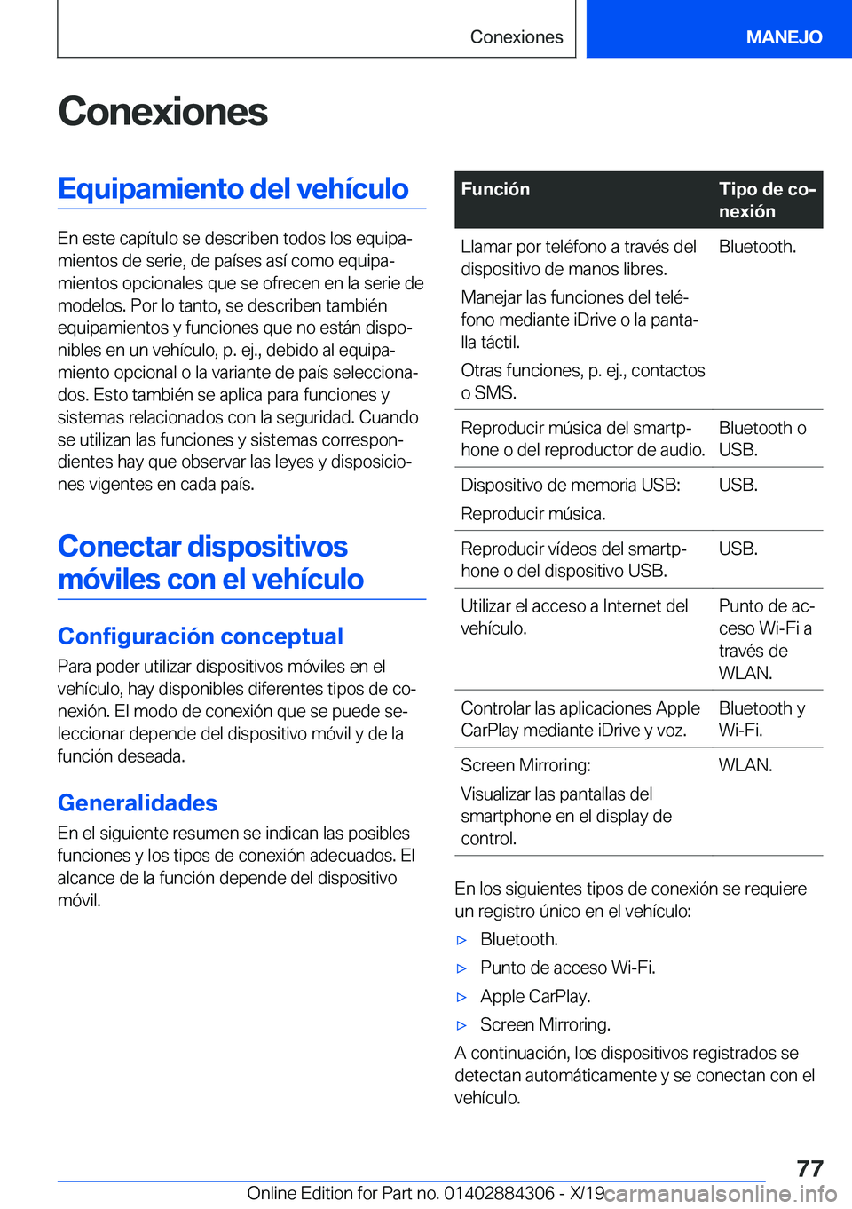 BMW 8 SERIES GRAN COUPE 2020  Manuales de Empleo (in Spanish) �C�o�n�e�x�i�o�n�e�s�E�q�u�i�p�a�m�i�e�n�t�o��d�e�l��v�e�h�