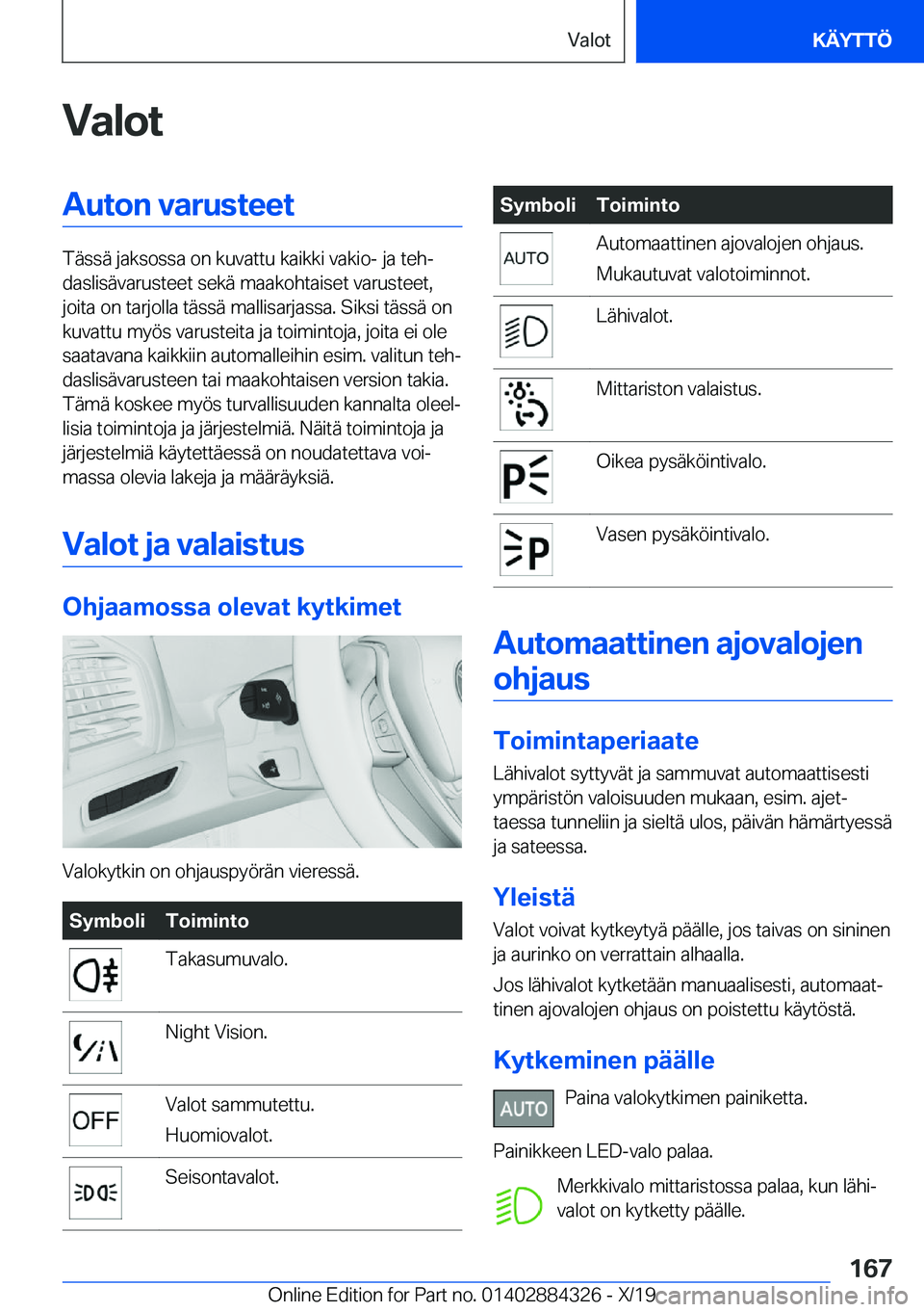 BMW 8 SERIES GRAN COUPE 2020  Omistajan Käsikirja (in Finnish) �V�a�l�o�t�A�u�t�o�n��v�a�r�u�s�t�e�e�t
�T�