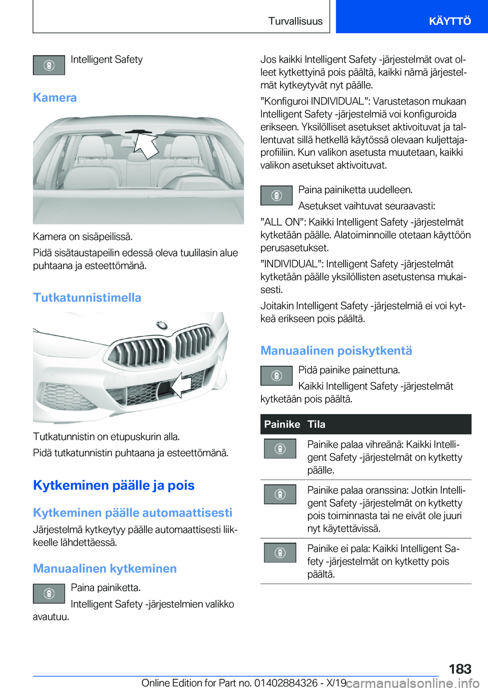 BMW 8 SERIES GRAN COUPE 2020  Omistajan Käsikirja (in Finnish) �I�n�t�e�l�l�i�g�e�n�t��S�a�f�e�t�y
�K�a�m�e�r�a
�K�a�m�e�r�a��o�n��s�i�s�