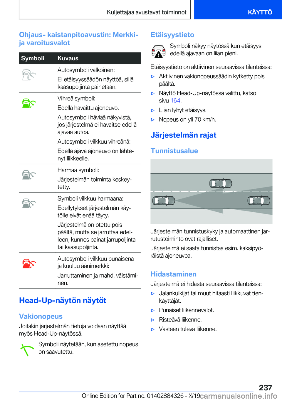BMW 8 SERIES GRAN COUPE 2020  Omistajan Käsikirja (in Finnish) �O�h�j�a�u�s�-��k�a�i�s�t�a�n�p�i�t�o�a�v�u�s�t�i�n�:��M�e�r�k�k�i�-
�j�a��v�a�r�o�i�t�u�s�v�a�l�o�t�S�y�m�b�o�l�i�K�u�v�a�u�s�A�u�t�o�s�y�m�b�o�l�i��v�a�l�k�o�i�n�e�n�:
�E�i��e�t�