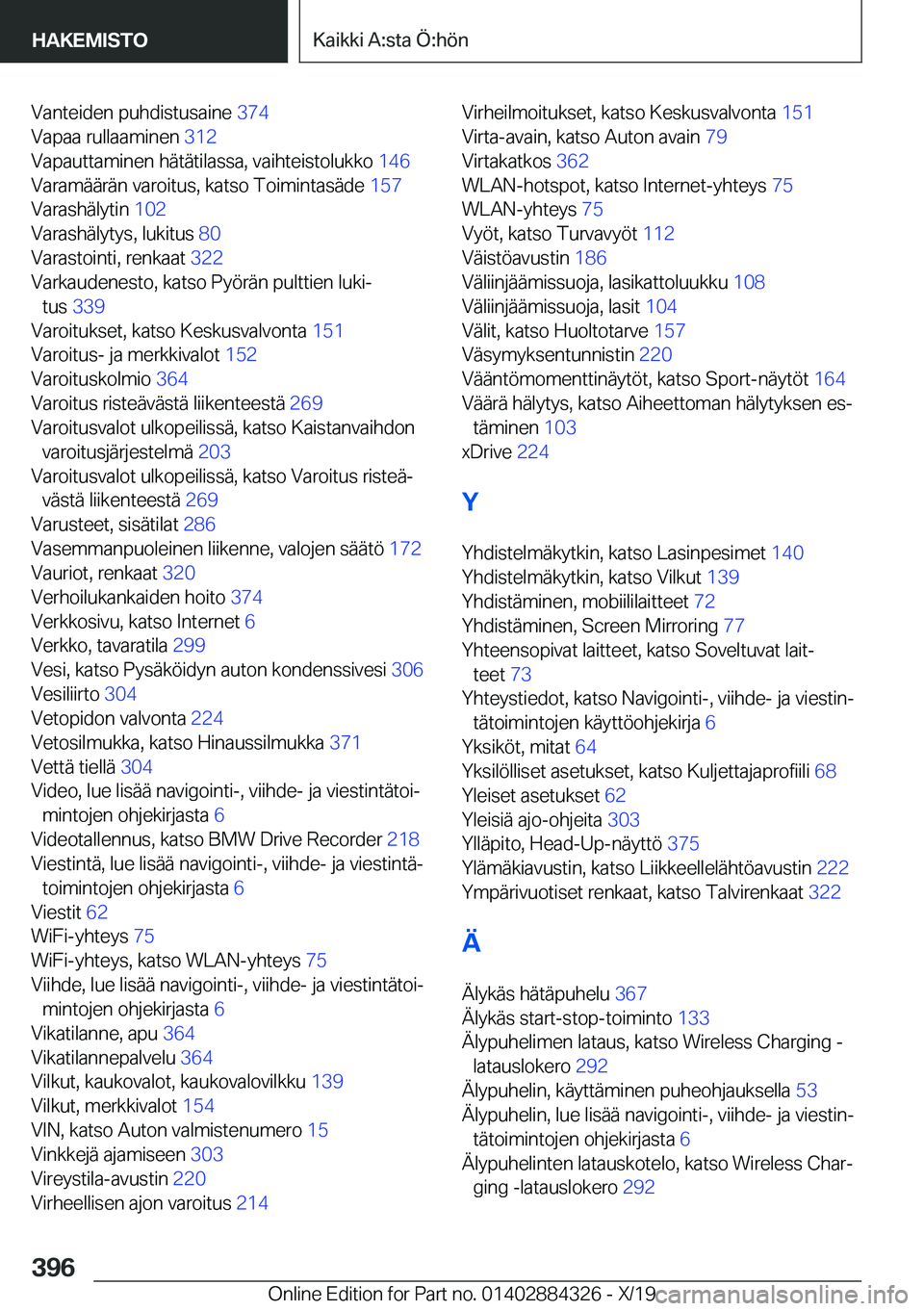 BMW 8 SERIES GRAN COUPE 2020  Omistajan Käsikirja (in Finnish) �V�a�n�t�e�i�d�e�n��p�u�h�d�i�s�t�u�s�a�i�n�e��3�7�4�
�V�a�p�a�a��r�u�l�l�a�a�m�i�n�e�n� �3�1�2�
�V�a�p�a�u�t�t�a�m�i�n�e�n��h�